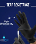 Real Deal Top Shelf Black Nitrile Gloves Box Of One Hundred Powder Free Latex Free Extra Large showing high stretchability and tear resistance.