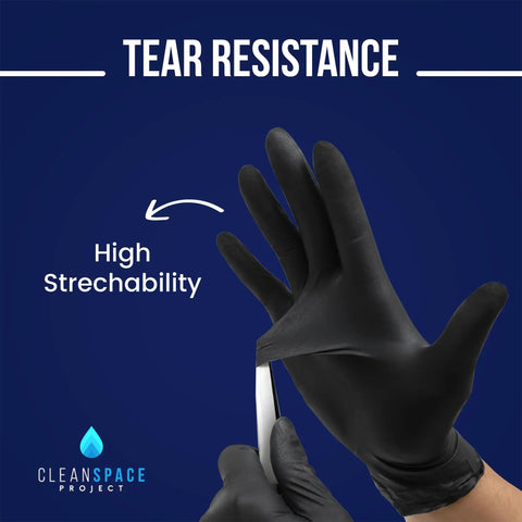 Real Deal Top Shelf Black Nitrile Gloves Box Of One Hundred Powder Free Latex Free Extra Large showing high stretchability and tear resistance.