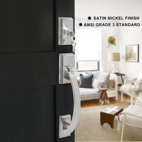 Dope Front Door Handle Set For Double Doors With Dummy Lock Heavy Duty Lock Set Single Cylinder Deadbolt And Lever Handle Fits Right Or Left Handed Doors Satin Nickel Finish on black door