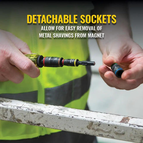 Person using Impact Driver Socket Set With Flip Socket And Handle, 7 In 1, demonstrating detachable sockets feature.