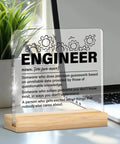 Engineer Gifts For Women And Men Nerdy But Nice Clear Acrylic Desk Sign Decor with wood stand showing engineering definition in office setting.