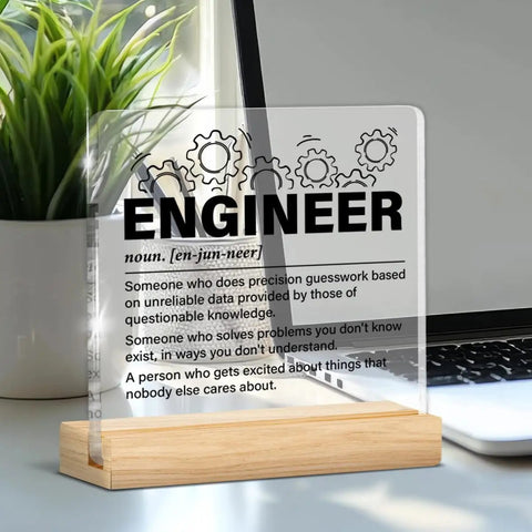Engineer Gifts For Women And Men Nerdy But Nice Clear Acrylic Desk Sign Decor with wood stand showing engineering definition in office setting.