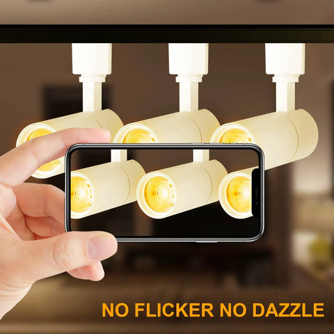 Four 12W H Track Lighting Heads Dimmable LED Track Spotlights CRI 90 Plus 3000K Warm White for kitchen and task lighting shown on phone app.