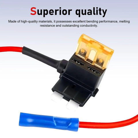 Pro Grade 8 Pack Car Fuse Taps Add A Circuit Dual Slot Adapter Kit showing a yellow fuse holder with red wire for dash cam use.