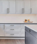 Modern kitchen with white cabinets featuring 10 Pack Brushed Satin Nickel Knurled Cabinet Pulls With 5 Inch Hole Centers For Kitchen Cabinets