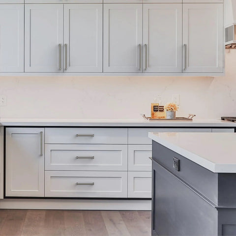 Modern kitchen with white cabinets featuring 10 Pack Brushed Satin Nickel Knurled Cabinet Pulls With 5 Inch Hole Centers For Kitchen Cabinets