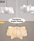 Pandaluna 15.75in Lantern Pendant Light, Wabi Sabi Faux Silk Hanging Lamp shown from different angles, off and on.