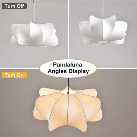 Pandaluna 15.75in Lantern Pendant Light, Wabi Sabi Faux Silk Hanging Lamp shown from different angles, off and on.
