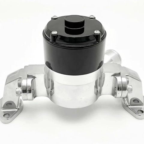Heavy Duty Electric Water Pump For Small Block Chevy Sbc 350 327 383 400 Blocks 35 Gph Hella Easy Bolt On Brushless Billet Aluminum Street Race Cooling Setup, black top and silver body.