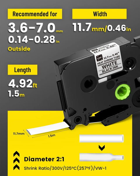 Heat Shrink Label Maker Pro Grade Kit With 12mm Tape For Cable ID Waterproof Wire Labels, 2:1 ratio, 11.7mm width