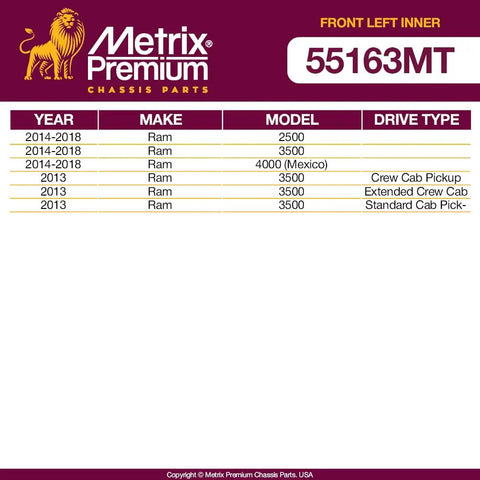 Left Inner Drag Link To Pitman Arm For Ram 2500 3500 4000 First Design With Turnbuckle Heavy Duty Chassis Link Replacement Fits 2013 2018 Rams For Smooth Steering And Reliable Handling. Metrix Premium fitment chart for Ram 2500 3500 4000