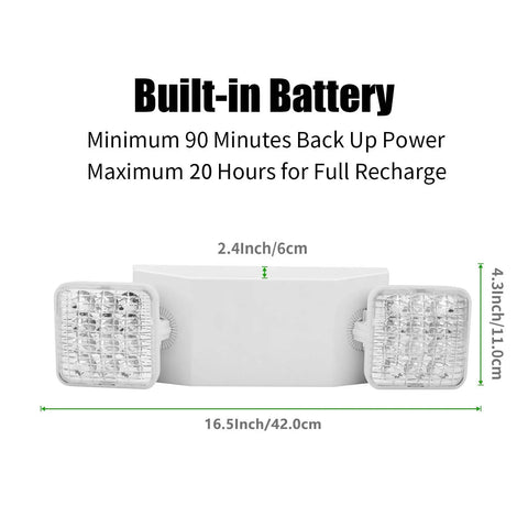 Emergency Light With Back Up Battery And Two Adjustable LED Heads, Wall Mount, White Finish, 6 Pack, shown with battery specs.