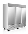 Heavy Duty Commercial Upright Freezer 72 Cubic Foot Capacity Double Solid Door Stainless Steel with digital controls.