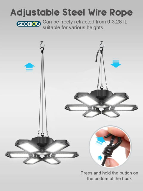 Two Pack Plug In Garage Light With Six Deformable Panels Linkable 200W LED Shop Light 20000LM 6500K Daylight with adjustable height