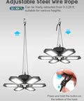 Ultra Bright 200W LED Garage Lights 4 Pack shown with adjustable steel wire rope, demonstrating height versatility.