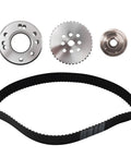 Hardcore Billet Gilmer Belt Drive Pulley Kit For Small Block Chevy 283 305 327 350 383 400 featuring aluminum pulleys and rubber belt.