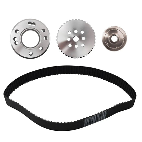 Hardcore Billet Gilmer Belt Drive Pulley Kit For Small Block Chevy 283 305 327 350 383 400 featuring aluminum pulleys and rubber belt.