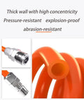 Premium Extra Heavy Duty PU Compressor Hose With A Snappy Flexible Spring Like Fit For Pneumatic Tools, Orange 12X8MM 33Foot Pro Garage Ready Air Tubing Setup close-up of thick orange hose, showing fittings and inner diameter.