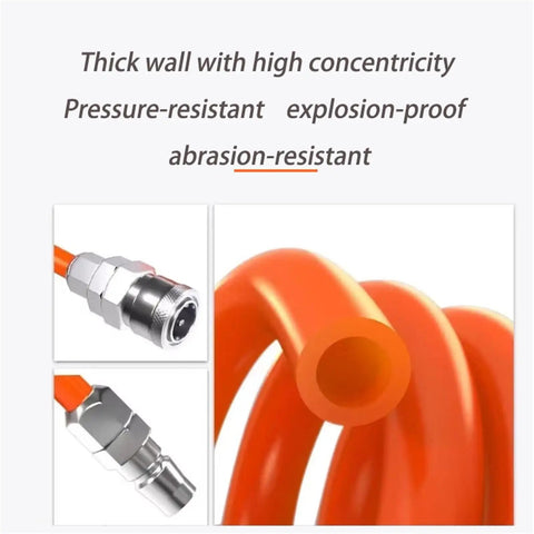 Premium Extra Heavy Duty PU Compressor Hose With A Snappy Flexible Spring Like Fit For Pneumatic Tools, Orange 12X8MM 33Foot Pro Garage Ready Air Tubing Setup close-up of thick orange hose, showing fittings and inner diameter.