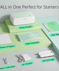 Portable Photo Printer for iPhone Android and Laptop With 54 Sheets 4x6 1 Ink Ribbon AR Video Printing Wireless WiFi Connection Compact Travel Ready On The Go shown with accessories such as paper, ink cartridge, and cables.