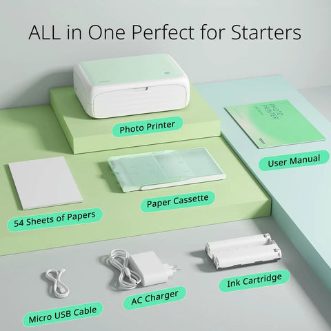 Portable Photo Printer for iPhone Android and Laptop With 54 Sheets 4x6 1 Ink Ribbon AR Video Printing Wireless WiFi Connection Compact Travel Ready On The Go shown with accessories such as paper, ink cartridge, and cables.
