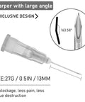 Prime Condition 100 Pack 27 Gauge Half Inch Syringe Needles With Reliable Luer Lock Tips showing exclusive design and sharp angle.