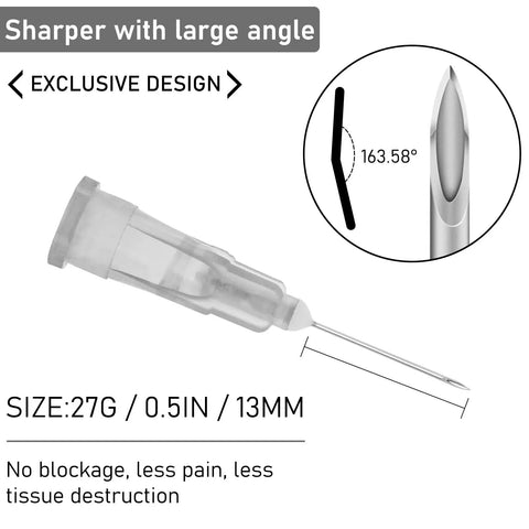 Prime Condition 100 Pack 27 Gauge Half Inch Syringe Needles With Reliable Luer Lock Tips showing exclusive design and sharp angle.