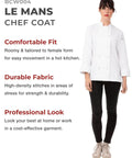 Woman wearing Le Mans Style Women’s Chef Coat With Side Seam Slits For Maximum Mobility, Durable Polyester Blend, Tailored Fit.
