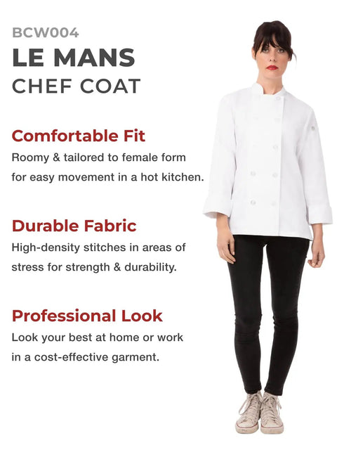 Woman wearing Le Mans Style Women’s Chef Coat With Side Seam Slits For Maximum Mobility, Durable Polyester Blend, Tailored Fit.