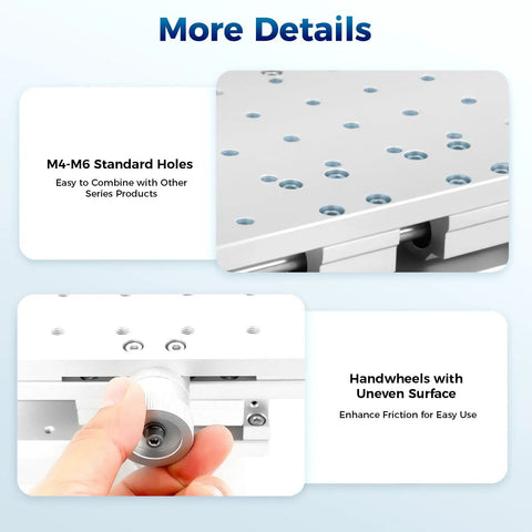 Close-up of M4-M6 standard holes and handwheels on 3 Axis Moving Workbench With 3D Positioning Table Aluminum Alloy Engraving Machine