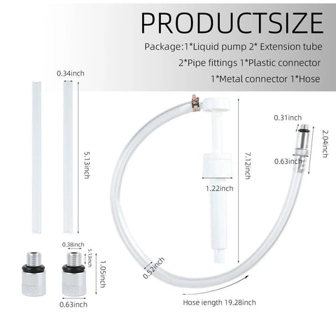 Lower Unit Gear Oil Pump For Quart Bottles With Three Eighths Inch Metal Swivel And Eight And Ten Millimeter Adapters shown with parts and measurements