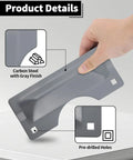 Hand holding a gray carbon steel door latch guard with pre-drilled holes for easy install, part of Badass Carbon Steel Door Latch Guard And 3X7 Inch Security Reinforcement Plate For Outswing Doors Boss Level Home Defense Built Tough For Quick Simple Install Setup No Hassle Full Coverage Lockdown.
