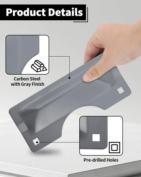Hand holding a gray carbon steel door latch guard with pre-drilled holes for easy install, part of Badass Carbon Steel Door Latch Guard And 3X7 Inch Security Reinforcement Plate For Outswing Doors Boss Level Home Defense Built Tough For Quick Simple Install Setup No Hassle Full Coverage Lockdown.