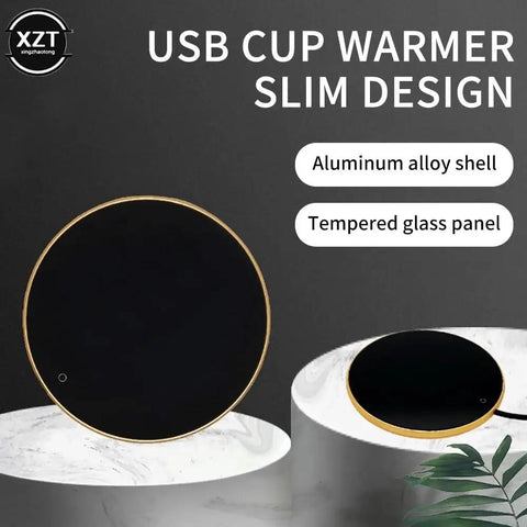Portable Cup Warmer Coffee Mug Heating Coaster With Smart Thermostatic Hot Plate Keeps Your Sips Smooth All Day Long Zero Hassle Major Upgrade Black Pad for Office dorm or Road Trip Vibes sleek black USB cup warmer with aluminum alloy shell and tempered glass panel.