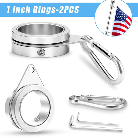 2 Pack Flag Pole Rings, Slick Spinning One Inch Clips Cut Wrapping Stress, featuring aluminum clips and carabiners for outdoor use.