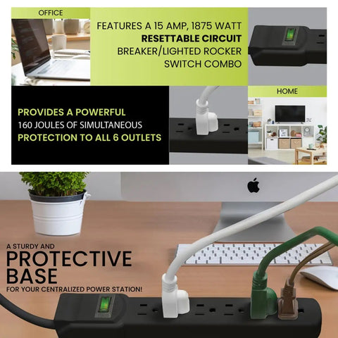 2.5 Ft Surge Protector With 6 Outlets And Right Angle Plug 15 Amp Circuit Breaker 90 Joules Of Protection Heavy Duty Black Power Strip For Home Office Gear And Everyday Device Charging on a desk