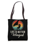 Dope Wing Foil Tote Bag For Wingsurfing And Wingfoiling Fans 16 By 16 Inch Carryall With Room For Gear Board And Essentials Perfect For Practice And Travel featuring a retro surfboard design and 'Life is Better Winged' text