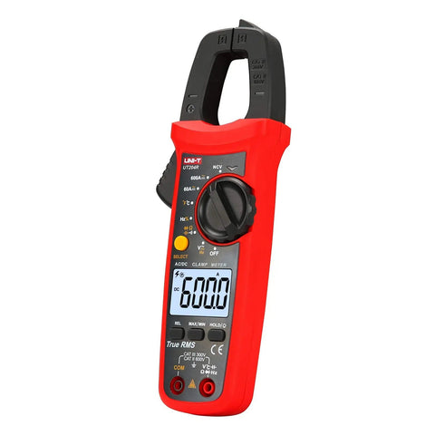 Red UT204R Digital Clamp Meter With Auto Ranging, True RMS, 6000 Counts, Pro Grade AC/DC Voltage And Current displayed on screen
