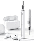 3 In 1 Earbud Cleaning Kit For AirPods Pro 3 2 1 with metal tip, soft brush, flocking sponge next to wireless earbuds and case.