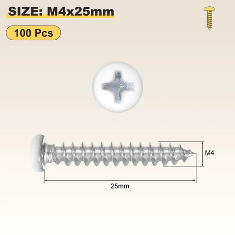 Badass Heavy Duty M4 X 25mm Phillips Pan Head Self Tapping Screws Zinc Plated Carbon Steel Industrial Machine Fasteners For Metal Wood And Sheet Metal Assembly Works 100 Count showing a pan head design and measuring details.