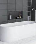 Modern bathroom with a white bathtub and Tile Ready Recessed Shower Niche 16x28 Outer, 24x12 Inner, Single Shelf Bathroom Organizer.
