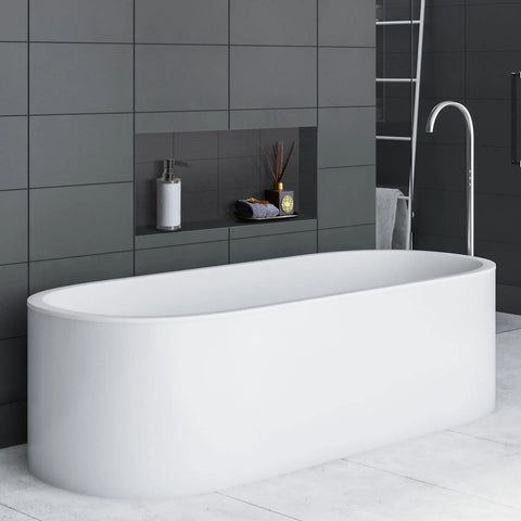Modern bathroom with a white bathtub and Tile Ready Recessed Shower Niche 16x28 Outer, 24x12 Inner, Single Shelf Bathroom Organizer.
