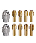Replacement Collets And Nut Set For Rotary Tools showing eight copper slotted collets and two silver knurled collets for precision work.