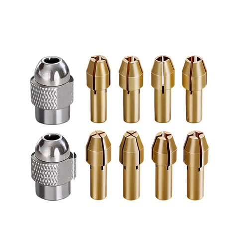 Replacement Collets And Nut Set For Rotary Tools showing eight copper slotted collets and two silver knurled collets for precision work.