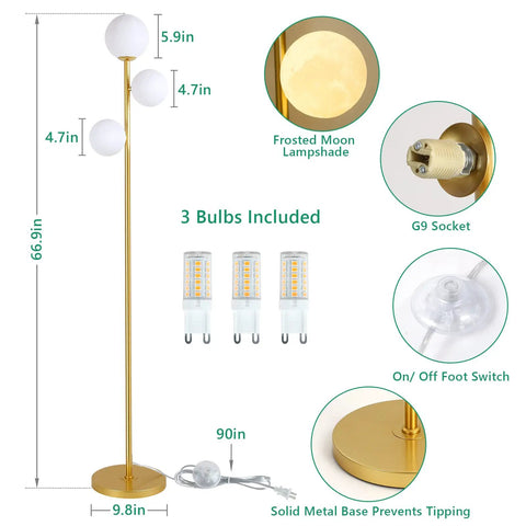 Moon Globe Floor Lamp With 3 Lit Orbs, Modern Gold Tall Floor Lamp For Living Room And Office, 67 Inch Metal Stand, details diagram