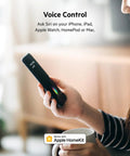Person holding smartphone with voice control for Smart Plug With Thread For HomeKit And Siri Control NFC Easy Setup Apple iPhone iPad Compatible Outlet For Home Automation Works With Apple Home App No Hub Needed White.