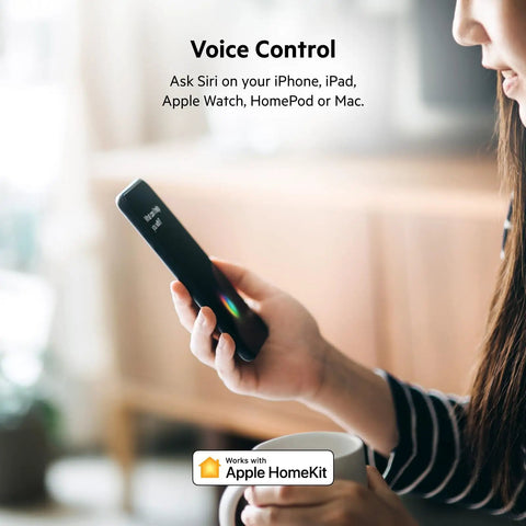 Person holding smartphone with voice control for Smart Plug With Thread For HomeKit And Siri Control NFC Easy Setup Apple iPhone iPad Compatible Outlet For Home Automation Works With Apple Home App No Hub Needed White.