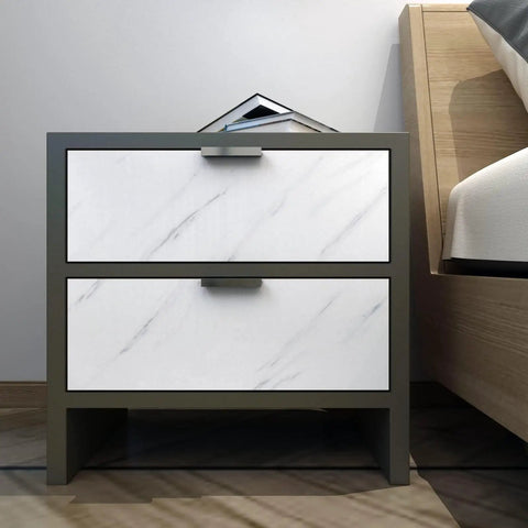 Nightstand with drawers covered in Peel And Stick Marble Countertop Cover 30x120 Inches White Marble Self Adhesive Waterproof Wallpaper.