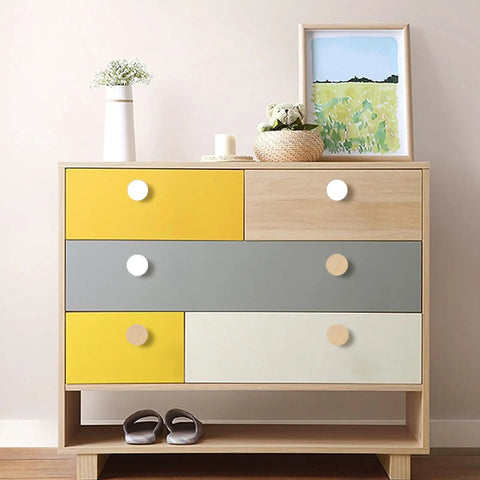 Top Shelf Sturdy White Solid Wooden Cabinet Knobs 12 Pack Round Drawer Pull Handles For Dressers And Cupboards Durable Non Toxic Finish Smooth Flat Top Design on colorful dresser.