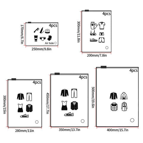 5 sizes of 20 Pcs Travel Storage Bags Set For Clothes Cosmetics Shoes Reusable Frosted Ziplock Pouches with measurements and icons